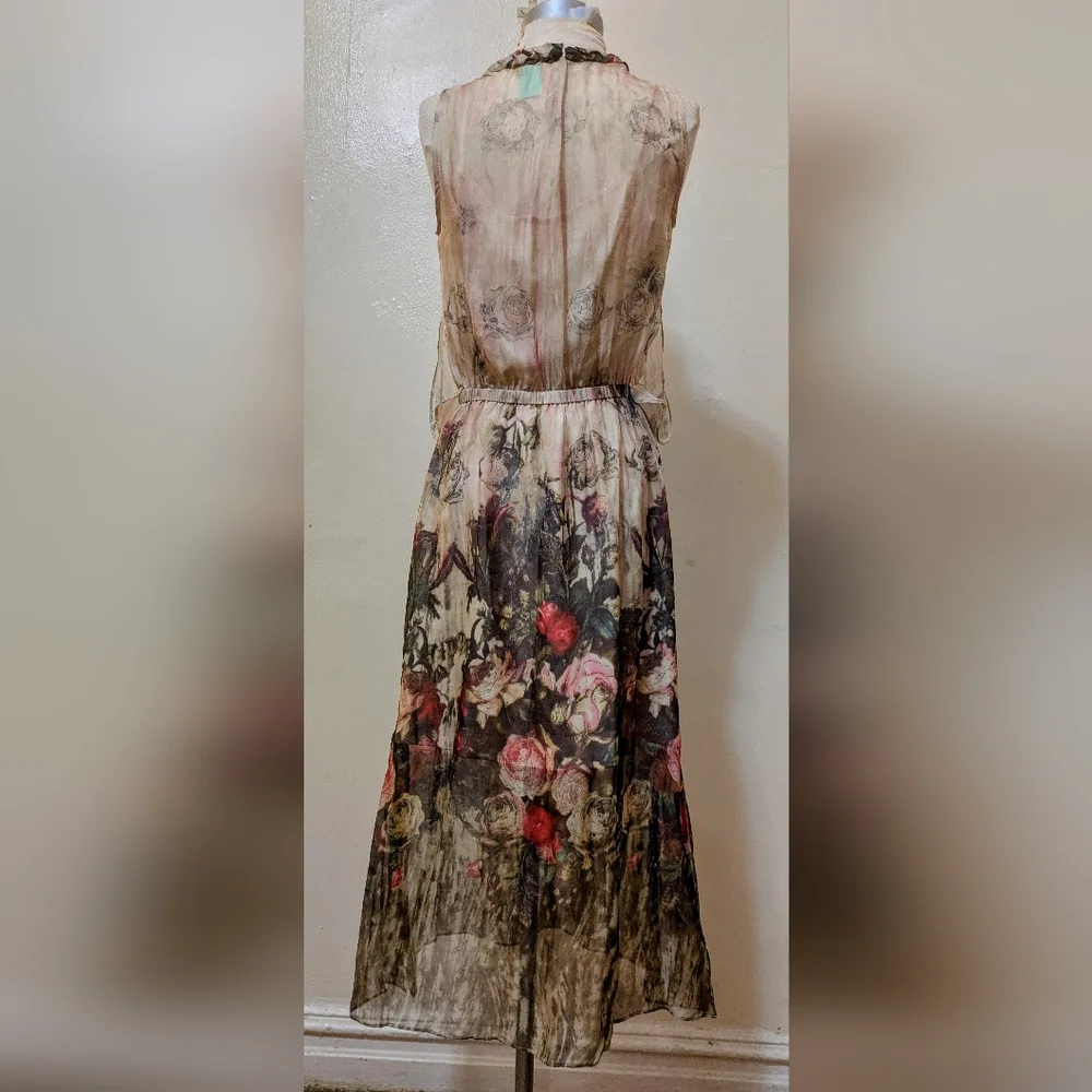 Queen Mulock Floral Silk Midi Rose Print Dress - Size S - Picture 11 of 14